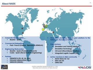 21
About NADS




   Corporate Headquarters                                               Since 2002 providing services and solutions to the
       Madrid – Spain                                                    Defence & Aerospace industry

   Commercial Delegations
                                                                         Core Business:
       Paris- France (France, Germany & BENELUX)
                                                                             Simulation and Training Solutions
   Engineering Workcenters                                                  Simulation Technology
       Madrid – Spain (Products & Projects)                                 C4I and Critical Mission Solutions
       Cadiz – Spain (Naval Systems Engineering)                            Integrated Logistic Support (ILS)

   Partners                                                             Active members in M&S community
       PRISMTECH (FR, UK, NL, USA)                                          NATO NIAG SG 162
       PEGASUS SIMULATION (CAN)                                             SISO LSA SG
       SIMIGON (ISRAEL)                                                     OMG DDS

                                      © NEXTEL AEROSPACE DEFENCE & SECURITY S.L., 2012.
                                       Reservados todos los derechos / All Rights Reserved
 