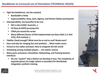 9
Roadblocks to increased use of Simulation (TECHNICAL ISSUES)


   Fight the battlefront, not the network
      Bandwidth is finite
      Superscalability: Navy, Joint, Agency, and Partner Nation participants
   Interoperability: too beautiful to be true
      DIS is alive (USAF, Australia…)
      US Navy & NATO pursuing HLA
      TENA just round the corner
      Many different flavors of HLA implemented out there (HLA 1.3, HLA
        1516, HLA-evolved…)
   Fidelity: Good enough? What must be as real as real? Break even?
   How and why for merging live and synthetic ... What makes sense
   Virtual to live radios and back. How to integrate the LVC world
   Scheduling among multiple players ... Art and/or science
   Many parts and pieces: Simulation, Networking, and Training Systems
   interfaces
      No one “system” that a Nation can develop or buy. The complexity of
        separate pieces (no single system or provider) for distributed,
        integrated, synthetic training.

                                 © NEXTEL AEROSPACE DEFENCE & SECURITY S.L., 2012.
                                  Reservados todos los derechos / All Rights Reserved
 