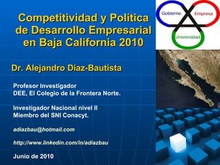 Competitividad y Política de Desarrollo Empresarial en Baja California 2010 Dr. Alejandro Díaz-Bautista   Profesor Investigador  DEE, El Colegio de la Frontera Norte.  Investigador Nacional nivel II Miembro del SNI Conacyt. [email_address] http ://www.linkedin.com/in/adiazbau Junio de 2010 