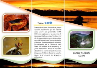 PARQUE NACIONAL
YASUNI
Nombre: Edwin Díaz
Carrera: ING: Tecnologías de la
Información
Yasuní
El Parque nacional Yasuní es un parque
nacional ecuatoriano que se extiende
sobre un área de aproximada. 10.200
kilómetros cuadrados en las provincias de
Pastaza, y Orellana entre el río Napo y el
río Curaray en plena cuenca amazónica a
unos 250 kilómetros al sureste de Quito.
El parque, fundamentalmente selvático,
fue designado por la Unesco en 1989
como una reserva de la biosfera y es
parte del territorio donde se encuentra
ubicada en el oriente la nación huaorani.
Dos y está dividido en facciones wao, los
tagaeri y taromenane, son grupos en
aislamiento.
 