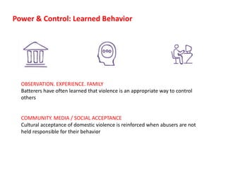 OBSERVATION. EXPERIENCE. FAMILY
Batterers have often learned that violence is an appropriate way to control
others
COMMUNITY. MEDIA / SOCIAL ACCEPTANCE
Cultural acceptance of domestic violence is reinforced when abusers are not
held responsible for their behavior
Power & Control: Learned Behavior
 