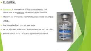  FLUMAZENIL 
 Flumazenil is a competitive BZD receptor antagonist that 
can be used as an antidote for benzodiazepine overdose. 
 Abolishes the hypnogenic, psychomotor,cognitive and EEG effects 
of BZDs. 
 Oral bioavailability ≈ 16%; not used orally 
 On I/V injection ,action starts within seconds and lasts for 1-2hrs. 
 Elimination half life is 1 hr due to rapid hepatic clearance. 
 