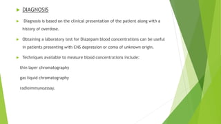  DIAGNOSIS 
 Diagnosis is based on the clinical presentation of the patient along with a 
history of overdose. 
 Obtaining a laboratory test for Diazepam blood concentrations can be useful 
in patients presenting with CNS depression or coma of unknown origin. 
 Techniques available to measure blood concentrations include: 
thin layer chromatography 
gas liquid chromatography 
radioimmunoassay. 
 