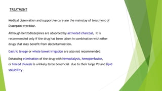 TREATMENT 
Medical observation and supportive care are the mainstay of treatment of 
Diazepam overdose. 
Although benzodiazepines are absorbed by activated charcoal, It is 
recommended only if the drug has been taken in combination with other 
drugs that may benefit from decontamination. 
Gastric lavage or whole bowel irrigation are also not recommended. 
Enhancing elimination of the drug with hemodialysis, hemoperfusion, 
or forced diuresis is unlikely to be beneficial due to their large Vd and lipid 
solubility . 
 