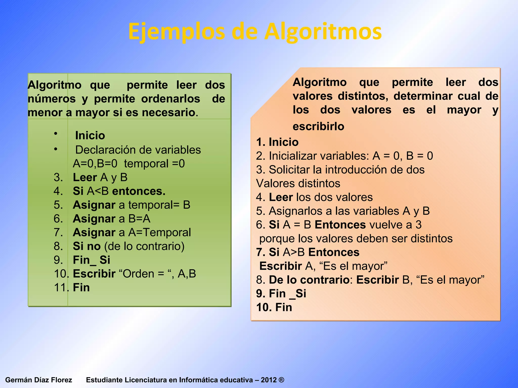 Ejemplos de Algoritmos
      Algoritmo que permite leer dos                                          Algoritmo que permite leer dos
      números y permite ordenarlos de                                         valores distintos, determinar cual de
      menor a mayor si es necesario.                                          los dos valores es el mayor y
                                                                              escribirlo
             •   Inicio
                                                                     1. Inicio
             •   Declaración de variables
                                                                     2. Inicializar variables: A = 0, B = 0
                 A=0,B=0 temporal =0
                                                                     3. Solicitar la introducción de dos
             3. Leer A y B
                                                                     Valores distintos
             4. Si A<B entonces.
                                                                     4. Leer los dos valores
             5. Asignar a temporal= B
                                                                     5. Asignarlos a las variables A y B
             6. Asignar a B=A
                                                                     6. Si A = B Entonces vuelve a 3
             7. Asignar a A=Temporal
                                                                      porque los valores deben ser distintos
             8. Si no (de lo contrario)
                                                                     7. Si A>B Entonces
             9. Fin_ Si
                                                                      Escribir A, “Es el mayor”
             10. Escribir “Orden = “, A,B
                                                                     8. De lo contrario: Escribir B, “Es el mayor”
             11. Fin
                                                                     9. Fin _Si
                                                                     10. Fin




Germán Díaz Florez   Estudiante Licenciatura en Informática educativa – 2012 ®
 