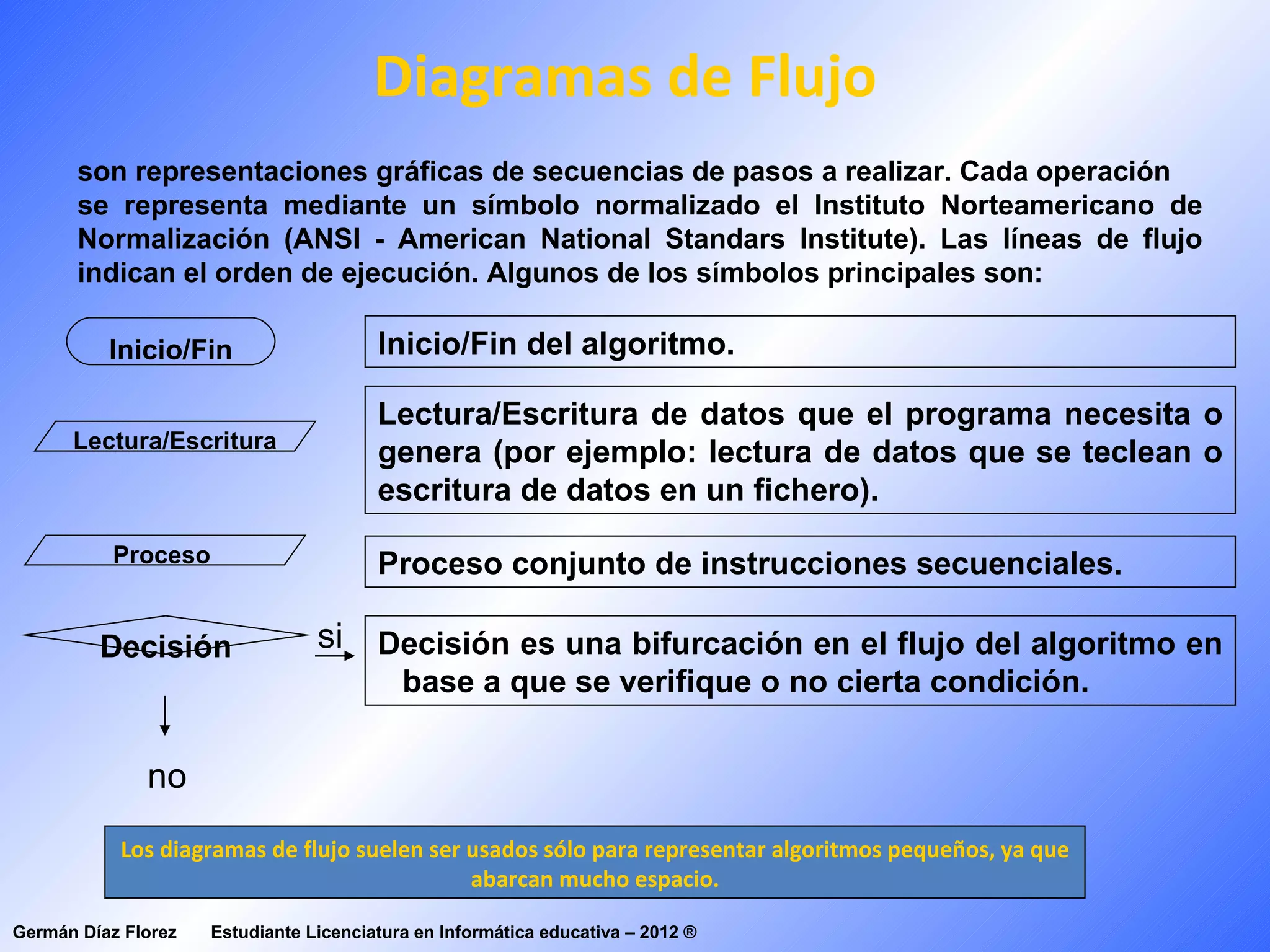 Diagramas de Flujo
       son representaciones gráficas de secuencias de pasos a realizar. Cada operación
       se representa mediante un símbolo normalizado el Instituto Norteamericano de
       Normalización (ANSI - American National Standars Institute). Las líneas de flujo
       indican el orden de ejecución. Algunos de los símbolos principales son:

          Inicio/Fin                    Inicio/Fin del algoritmo.

                                        Lectura/Escritura de datos que el programa necesita o
      Lectura/Escritura
                                        genera (por ejemplo: lectura de datos que se teclean o
                                        escritura de datos en un fichero).
           Proceso                      Proceso conjunto de instrucciones secuenciales.

         Decisión                si Decisión es una bifurcación en el flujo del algoritmo en
                                           base a que se verifique o no cierta condición.


              no
           Los diagramas de flujo suelen ser usados sólo para representar algoritmos pequeños, ya que
                                             abarcan mucho espacio.

Germán Díaz Florez   Estudiante Licenciatura en Informática educativa – 2012 ®
 
