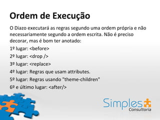 Ordem de Execução
O Diazo executará as regras segundo uma ordem própria e não
necessariamente segundo a ordem escrita. Não é preciso
decorar, mas é bom ter anotado:
1º lugar: <before>
2º lugar: <drop />
3º lugar: <replace>
4º lugar: Regras que usam attributes.
5º lugar: Regras usando "theme-children"
6º e último lugar: <after/>
 