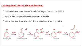 Carboxylation (Kolbe–Schmitt Reaction)
q Phenoxide ion is more reactive towards electrophilic attack than phenol
q React with such weak electrophiles as carbon dioxide
q industrially used to prepare salicylic acid, precursor in making aspirin
 