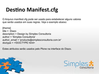 O Arquivo manifest.cfg pode ser usado para estabelecer alguns valores
que serão usados em suas regras. Veja o exemplo abaixo:
[theme]
title = Diazo
description = Design by Simples Consultoria
author = 'Simples Consultoria'
author_email = 'products@simplesconsultoria.com.br'
doctype = <!DOCTYPE html>
Estes atributos serão usados pelo Plone na interface do Diazo.
Des-no	
  Manifest.cfg	
  
 