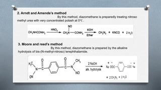 2. Arndt and Amende’s method
By this method, diazomethane is preparedly treating nitroso
methyl urea with very concentrated potash at 0℃ .
3. Moore and reed’s method
By this method, diazomethane is prepared by the alkaline
hydrolysis of bis-(N-methyl-nitroso) terephthalamide.
 