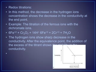 • Redox titrations:
• In this method, the decrease in the hydrogen ions
concentration shows the decrease in the conductivity at
the end point.
• Example: The titration of the ferrous ions with the
dichromate ions.
• 6Fe+2 + Cr2O7 + 14H+ 6Fe+3 + 2Cr+3 + 7H2O
• The hydrogen ions show sharp decrease in the
conductivity. After the equivalence point, the addition of
the excess of the titrant shows the stability in the
conductivity.
•
 