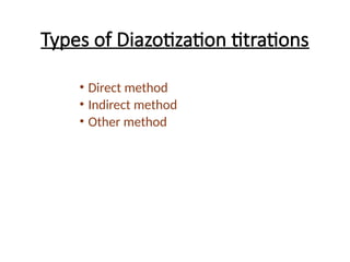Types of Diazotization titrations
• Direct method
• Indirect method
• Other method
 