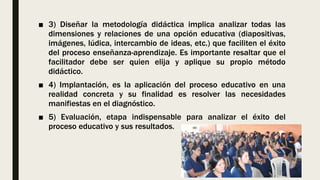 ■ 3) Diseñar la metodología didáctica implica analizar todas las
dimensiones y relaciones de una opción educativa (diapositivas,
imágenes, lúdica, intercambio de ideas, etc.) que faciliten el éxito
del proceso enseñanza-aprendizaje. Es importante resaltar que el
facilitador debe ser quien elija y aplique su propio método
didáctico.
■ 4) Implantación, es la aplicación del proceso educativo en una
realidad concreta y su finalidad es resolver las necesidades
manifiestas en el diagnóstico.
■ 5) Evaluación, etapa indispensable para analizar el éxito del
proceso educativo y sus resultados.
 