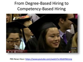PBS News Hour: https://www.youtube.com/watch?v=KGdHNtLlcrg
From Degree-Based Hiring to
Competency-Based Hiring
 