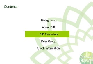 Contents Background About DIB DIB Financials Peer Group Stock Information 
