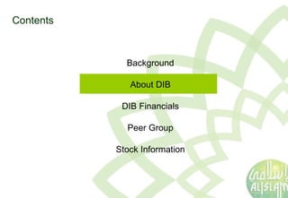 Contents Background About DIB DIB Financials Peer Group Stock Information 