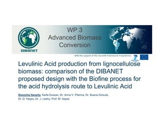 WP 3
                       Advanced Biomass
                          Conversion


Levulinic Acid production from lignocellulose
biomass: comparison of the DIBANET
proposed design with the Biofine process for
the acid hydrolysis route to Levulinic Acid
Donncha Haverty, Karla Dussan, Dr. Anna V. Piterina, Dr. Buana Girisuta,
Dr. D. Hayes, Dr. J. Leahy, Prof. M. Hayes
 