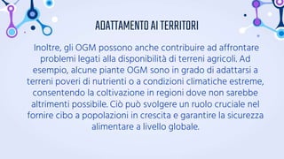 ADATTAMENTOAITERRITORI
Inoltre, gli OGM possono anche contribuire ad affrontare
problemi legati alla disponibilità di terreni agricoli. Ad
esempio, alcune piante OGM sono in grado di adattarsi a
terreni poveri di nutrienti o a condizioni climatiche estreme,
consentendo la coltivazione in regioni dove non sarebbe
altrimenti possibile. Ciò può svolgere un ruolo cruciale nel
fornire cibo a popolazioni in crescita e garantire la sicurezza
alimentare a livello globale.
 