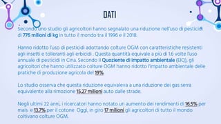 Secondo uno studio gli agricoltori hanno segnalato una riduzione nell’uso di pesticidi
di 776 milioni di kg in tutto il mondo tra il 1996 e il 2018.
Hanno ridotto l’uso di pesticidi adottando colture OGM con caratteristiche resistenti
agli insetti e tolleranti agli erbicidi . Questa quantità equivale a più di 1.6 volte l’uso
annuale di pesticidi in Cina. Secondo il Quoziente di impatto ambientale (EIQ), gli
agricoltori che hanno utilizzato colture OGM hanno ridotto l'impatto ambientale delle
pratiche di produzione agricola del 19%.
Lo studio osserva che questa riduzione equivaleva a una riduzione dei gas serra
equivalente alla rimozione 15.27 milioni auto dalle strade.
Negli ultimi 22 anni, i ricercatori hanno notato un aumento dei rendimenti di 16.5% per
mais e 13.7% per il cotone Oggi, in giro 17 milioni gli agricoltori di tutto il mondo
coltivano colture OGM.
DATI
 