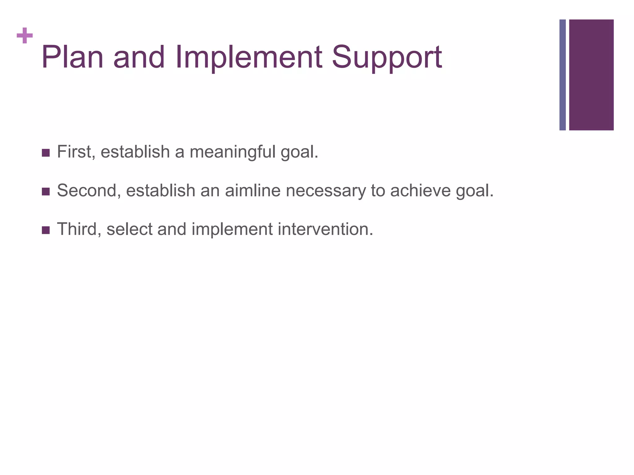 +
    Plan and Implement Support

       First, establish a meaningful goal.

       Second, establish an aimline necessary to achieve goal.

       Third, select and implement intervention.
 