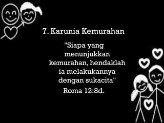 7. Karunia
7. Karunia Kemurahan
         "Jika
     "Siapa yang
     menunjukkan
 kemurahan, hendaklah
   ia melakukannya
   dengan sukacita"
     Roma 12:8d.
 