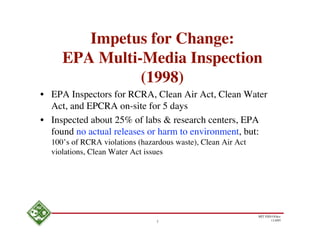 Impetus for Change:
     EPA Multi-Media Inspection
               (1998)
• EPA Inspectors for RCRA, Clean Air Act, Clean Water
  Act, and EPCRA on-site for 5 days
• Inspected about 25% of labs & research centers, EPA
  found no actual releases or harm to environment, but:
  100’s of RCRA violations (hazardous waste), Clean Air Act
  violations, Clean Water Act issues




                                                              MIT EHS Ofﬁce
                                2                                    11/4/05
 