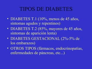TIPOS DE DIABETES
• DIABETES T.1 (10%, menos de 45 años,
síntomas agudos y repentinos)
• DIABETES T.2 (85%, mayores de 45 años,
síntomas de aparición lenta)
• DIABETES GESTACIONAL (2%-5% de
los embarazos)
• OTROS TIPOS (fármacos, endocrinopatías,
enfermedades de páncreas, etc...)
 