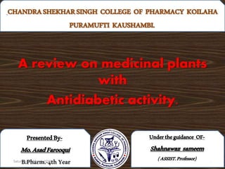 A review on medicinal plants
with
Antidiabetic activity.
Undertheguidance OF-
Shahnawaz sameem
(ASSIST.Professor)
PresentedBy-
Mo.AsadFarooqui
B.Pharm.-4thYear
CHANDRASHEKHARSINGH COLLEGE OF PHARMACY KOILAHA
PURAMUFTI KAUSHAMBI.
1Saturday, 09 March 2019
 