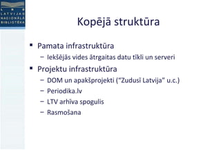 Kopējā struktūra Pamata infrastruktūra Iekšējās vides ātrgaitas datu tīkli un serveri Projektu infrastruktūra DOM un apakšprojekti (“Zudusī Latvija” u.c.)‏ Periodika.lv LTV arhīva spogulis Rasmošana 