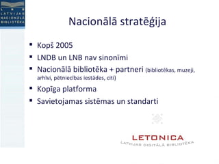Nacionālā stratēģija Kopš 2005 LNDB un LNB nav sinonīmi Nacionālā bibliotēka + partneri  (bibliotēkas, muzeji, arhīvi, pētniecības iestādes, citi)‏ Kopīga platforma Savietojamas sistēmas un standarti 