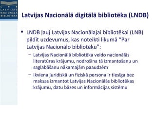 Latvijas Nacionālā digitālā bibliotēka (LNDB) ,[object Object],[object Object],[object Object]