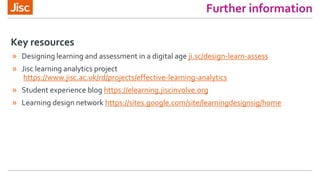 » Designing learning and assessment in a digital age ji.sc/design-learn-assess
» Jisc learning analytics project
https://www.jisc.ac.uk/rd/projects/effective-learning-analytics
» Student experience blog https://elearning.jiscinvolve.org
» Learning design network https://sites.google.com/site/learningdesignsig/home
Key resources
Further information
 
