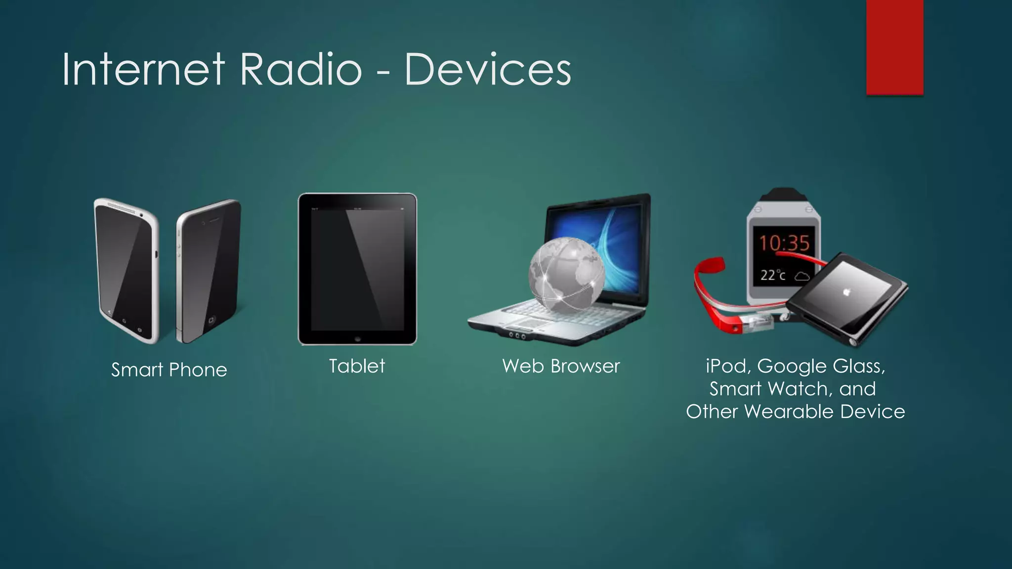 Internet Radio - Devices
Smart Phone Tablet Web Browser iPod, Google Glass,
Smart Watch, and
Other Wearable Device
 