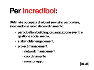 Per incredibol:
BAM! si è occupata di alcuni servizi in particolare,
svolgendo un ruolo di coordinamento:
    ‣   participation building: organizzazione eventi e
        gestione social media,
    ‣   stakeholder engagement,
    ‣   project management:
          ‣   network management
          ‣   coordinamento
          ‣   monitoraggio
 