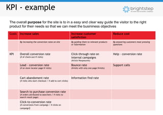 KPI - example
The overall purpose for the site is to in a easy and clear way guide the visitor to the right
product for their needs so that we can meet the busininess objectives

Goals   Increase sales                                         Increase customer                      Reduce cost
                                                               satisfiction
        By increasing the conversion rates on site             By guiding them to relevant products   By answering customers most pressing
                                                               or information                         questions



KPI     Overall conversion rate                                Click-through rate on                  Help – conversion rate
        (# of check-out/# visits)                              internal campaigns
                                                               (#click/#exposures)

        Lead – conversion rate                                 Bounce rate                            Support calls
        (# on store locator page/# visits)                     (#visits with only one page/#visits)



        Cart abandoment rate                                   Information find rate
        (# visits who start checkout / # add to cart clicks)




        Search to purchase conversion rate
        (# orders attributed to searchers / # visits to
        search result page)

        Click-to-conversion rate
        (# conversions from campaign / # clicks on
        campaign)
 