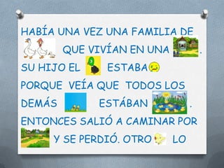 HABÍA UNA VEZ UNA FAMILIA DE
        QUE VIVÍAN EN UNA            .
SU HIJO EL     ESTABA
PORQUE VEÍA QUE TODOS LOS
DEMÁS        ESTÁBAN             .
ENTONCES SALIÓ A CAMINAR POR
     Y SE PERDIÓ. OTRO      LO
 