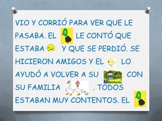 VIO Y CORRIÓ PARA VER QUE LE
PASABA. EL      LE CONTÓ QUE
ESTABA       Y QUE SE PERDIÓ. SE
HICIERON AMIGOS Y EL       LO
AYUDÓ A VOLVER A SU           CON
SU FAMILIA          . TODOS
ESTABAN MUY CONTENTOS. EL
 