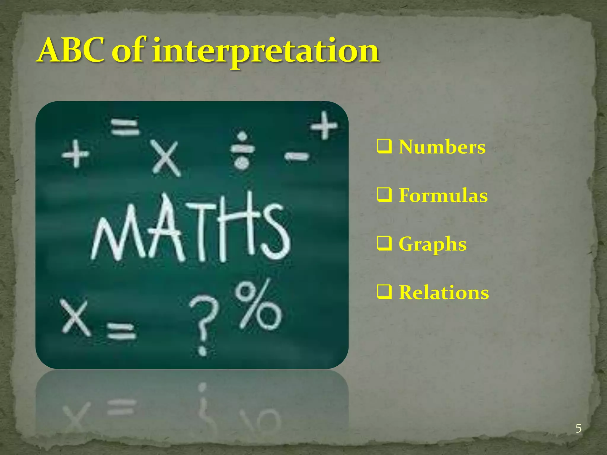  Numbers
 Formulas
 Graphs
 Relations
5
 