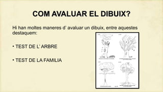 COM AVALUAR EL DIBUIX?
Hi han moltes maneres d’ avaluar un dibuix, entre aquestes
destaquem:
• TEST DE L’ ARBRE
• TEST DE LA FAMILIA

 