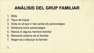 ANÀLISIS DEL GRUP FAMILIAR
1.
2.
3.
4.
5.
6.
7.
1.

Mida
Tipus de traçat
Orde en el que s’ han pintat els personatges
Distància entre personatges
Manca d’ alguna membre familiar
Elements externs de la familiar
Negar-se a dibuixar la familiar

 