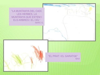 “LA MUNTANYA DEL CADÍ,
LES HERBES, LA
MUNTANYA QUE ESTEM I
ELS ARBRES I EL CEL”
MARC G.
“EL PRAT I EL GARATGE”
MAX
 