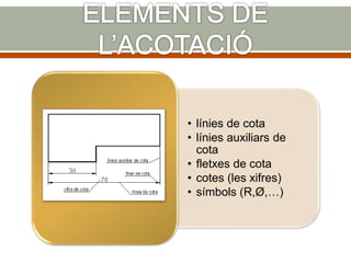 • línies de cota
• línies auxiliars de
cota
• fletxes de cota
• cotes (les xifres)
• símbols (R,Ø,…)
 