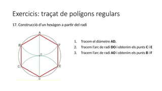 Exercicis: traçat de polígons regulars
1. Tracem el diàmetre AD.
2. Tracem l’arc de radi DO i obtenim els punts C i E
3. Tracem l’arc de radi AO i obtenim els punts B i F
17. Construcció d’un hexàgon a partir del radi
 