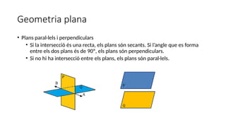 Geometria plana
• Plans paral·lels i perpendiculars
• Si la intersecció és una recta, els plans són secants. Si l’angle que es forma
entre els dos plans és de 90º, els plans són perpendiculars.
• Si no hi ha intersecció entre els plans, els plans són paral·lels.
 