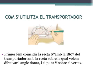 COM S’UTILITZA EL TRANSPORTADOR
• Primer fem coincidir la recta 0ºamb la 180º del
transportador amb la recta sobre la qual volem
dibuixar l’angle donat, i el punt V sobre el vertex.
 