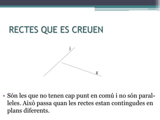 RECTES QUE ES CREUEN
• Són les que no tenen cap punt en comú i no són paral-
leles. Això passa quan les rectes estan contingudes en
plans diferents.
j
g
 