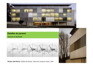 Detalles de parasol.Detalles de parasol.
Genera la fachada.
Richter, Dahl Rocha - Edificio de oficinas - Berne 46, Lausann...