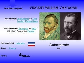 Nombre completo           Vincent Willem van Gogh

   Nacimiento: 30 de marzo de 1853
               Zundert, Países Bajos


  Fallecimiento: 29 de julio de 1890
      (37 años) Auvers-sur Francia




Nacionalidad: Holandés
                                       Autorretrato
Área:   Pintura                            1887


Firma
 