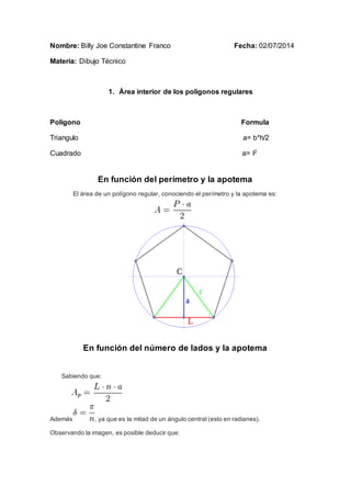 Nombre: Billy Joe Constantine Franco Fecha: 02/07/2014
Materia: Dibujo Técnico
1. Área interior de los polígonos regulares
Polígono Formula
Triangulo a= b*h/2
Cuadrado a= l2
En función del perímetro y la apotema
El área de un polígono regular, conociendo el perímetro y la apotema es:
En función del número de lados y la apotema
Sabiendo que:
Además , ya que es la mitad de un ángulo central (esto en radianes).
Observando la imagen, es posible deducir que:
 