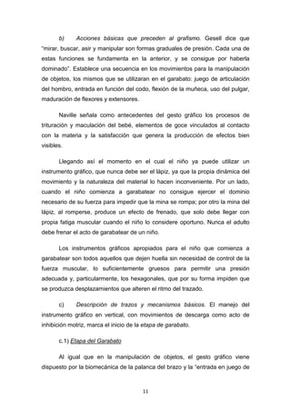 11
b) Acciones básicas que preceden al grafismo. Gesell dice que
“mirar, buscar, asir y manipular son formas graduales de presión. Cada una de
estas funciones se fundamenta en la anterior, y se consigue por haberla
dominado”. Establece una secuencia en los movimientos para la manipulación
de objetos, los mismos que se utilizaran en el garabato: juego de articulación
del hombro, entrada en función del codo, flexión de la muñeca, uso del pulgar,
maduración de flexores y extensores.
Naville señala como antecedentes del gesto gráfico los procesos de
trituración y maculación del bebé, elementos de goce vinculados al contacto
con la materia y la satisfacción que genera la producción de efectos bien
visibles.
Llegando así el momento en el cual el niño ya puede utilizar un
instrumento gráfico, que nunca debe ser el lápiz, ya que la propia dinámica del
movimiento y la naturaleza del material lo hacen inconveniente. Por un lado,
cuando el niño comienza a garabatear no consigue ejercer el dominio
necesario de su fuerza para impedir que la mina se rompa; por otro la mina del
lápiz, al romperse, produce un efecto de frenado, que solo debe llegar con
propia fatiga muscular cuando el niño lo considere oportuno. Nunca el adulto
debe frenar el acto de garabatear de un niño.
Los instrumentos gráficos apropiados para el niño que comienza a
garabatear son todos aquellos que dejen huella sin necesidad de control de la
fuerza muscular, lo suficientemente gruesos para permitir una presión
adecuada y, particularmente, los hexagonales, que por su forma impiden que
se produzca desplazamientos que alteren el ritmo del trazado.
c) Descripción de trazos y mecanismos básicos. El manejo del
instrumento gráfico en vertical, con movimientos de descarga como acto de
inhibición motriz, marca el inicio de la etapa de garabato.
c.1) Etapa del Garabato
Al igual que en la manipulación de objetos, el gesto gráfico viene
dispuesto por la biomecánica de la palanca del brazo y la “entrada en juego de
 